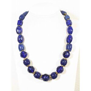 Vintage Cobalt Blue Frosted Glass Bead Necklace Chunky Statement Tribal 18"